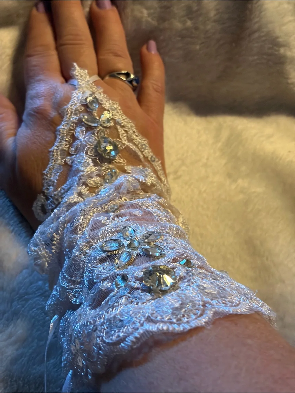 Ivory Beaded Lace Hand Gloves with Accent